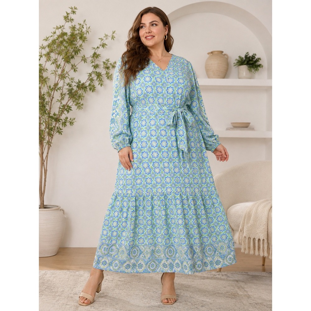 379. Boho Vacation Floral Medallion Tile Print Modal Midi Dress Blue Green XL